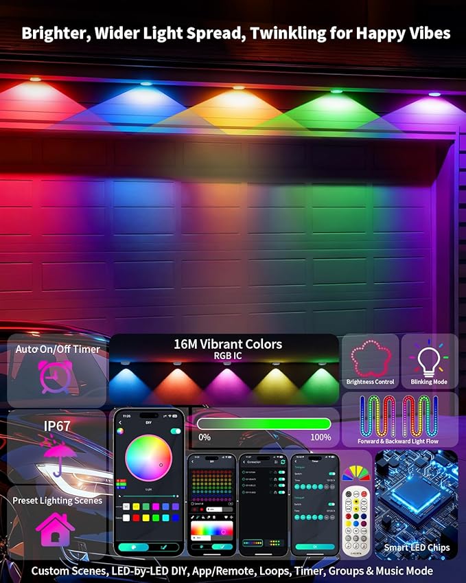 Permanent Outdoor Lights for House,100FT RGB IC Smart Permanent Eave Lighting with App/Remote Control,IP67 Waterproof,Music Sync,DIY Color Scenes,Year-Round Eaves Lighting for House Roof Decor