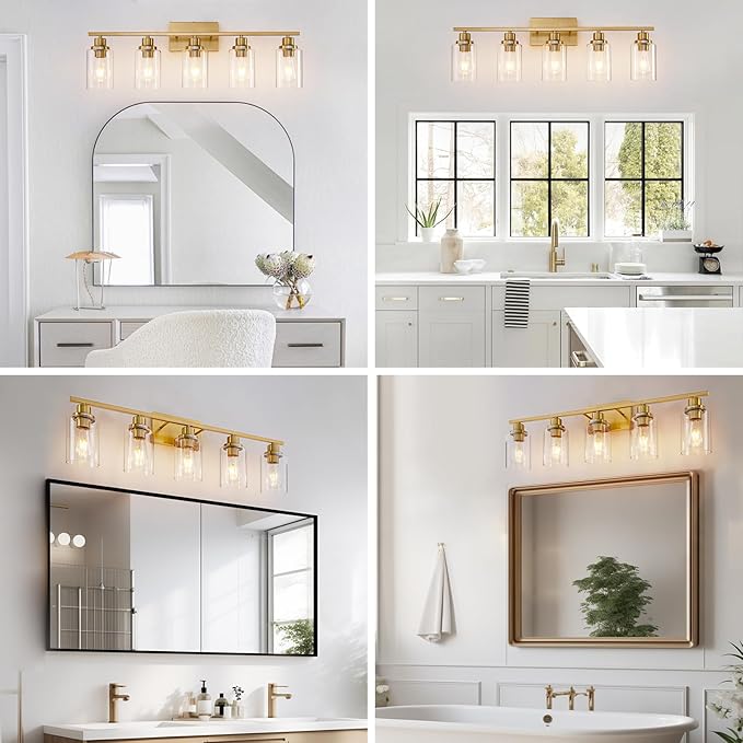 5 Light Gold Bathroom Light Fixtures Brushed Brass Vanity Light Over Mirror Modern Wall Lighting Sconces Wall Lamp for Bathroom, Bedroom, Living Room E26 Socket with Glass Shade