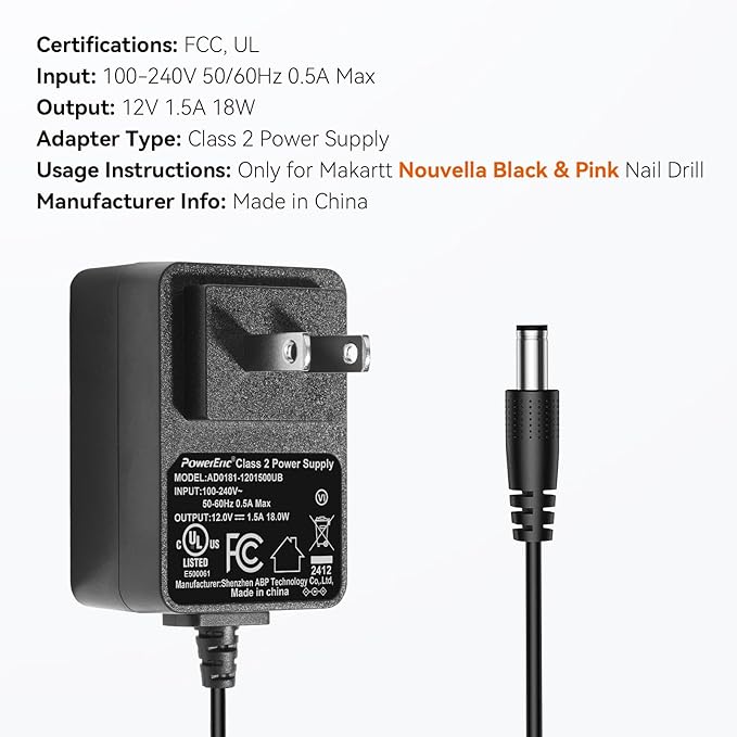 Makartt Original Power Charger Adapter for Nouvella Nail Drill, 12V 1.5A AC-DC Battery Supply for 35000RPM Rechargeable Electric File Manicure Tech Art Salon Home DIY Use