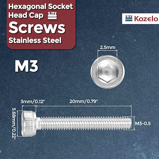 Kozelo 100pcs Socket Head Cap Screws - [M3-0.5 x 20mm] 304 Stainless Steel Allen Socket Drive for Electrical Motor 3D Printing Fan Engine Replacement Use, Silver