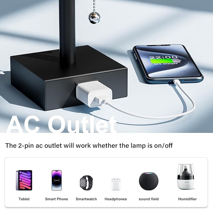 Bedside Table Lamps for Bedroom Set of 2 - Small Rectangular Nightstand Lamp with AC Outlet Charging Port, 3 Color Temperatures Desk Light with Bulb, Tabletop Reading Lamp for Living Room/Dorm/Office