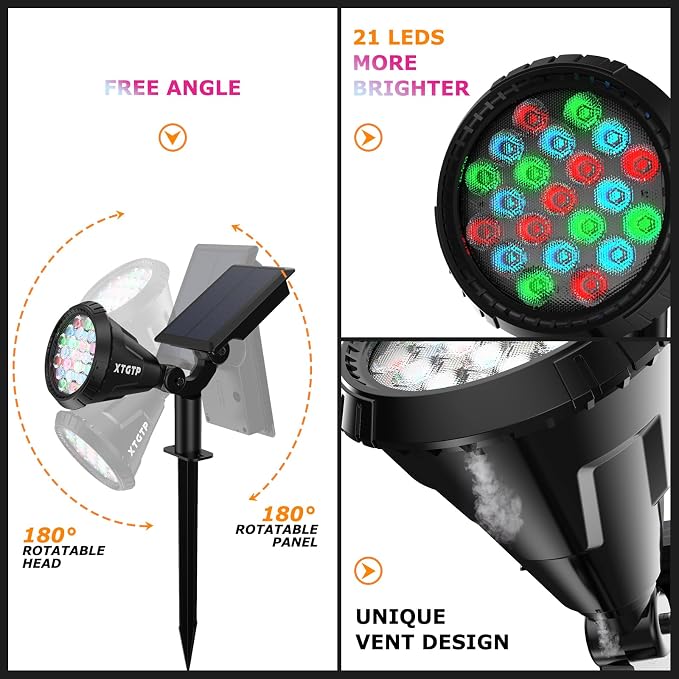 Color Changing Solar Spot Lights Outdoor, 21 LEDs Brightness Solar Pathway Lights Outdoor, IP67 Waterproof Exterior Solar Lights for House, 2-in-1 Solar Flood Lights Outdoor for Yard