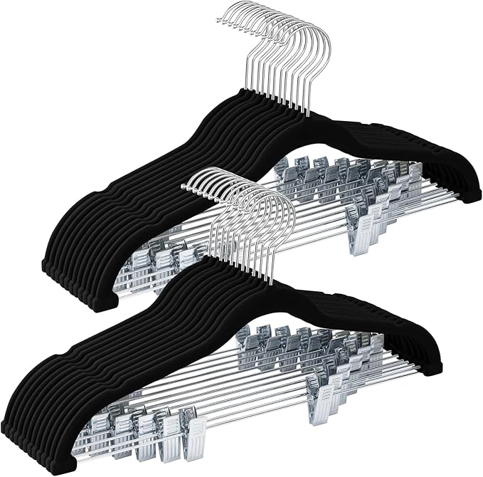 24-Pack Black Velvet Hangers with Clips Adjustable,Adult Hangers,Heavy-Duty,Felt,Non-Slip,Space Saving,Slim Outfit Hanger for Pants, Skirts, Suits,Coats, Dresses ect.