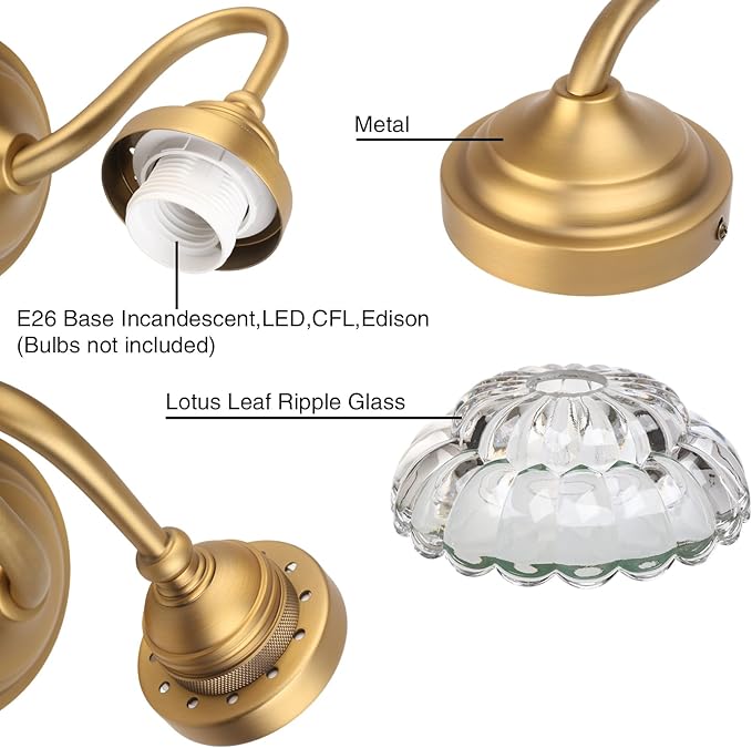 PERMO Vintage Gold Wall Sconce with Clrar Lotus Glass Shade Hardwired Bathroom Vanity Light for Mirror, Bedroom & Hallway