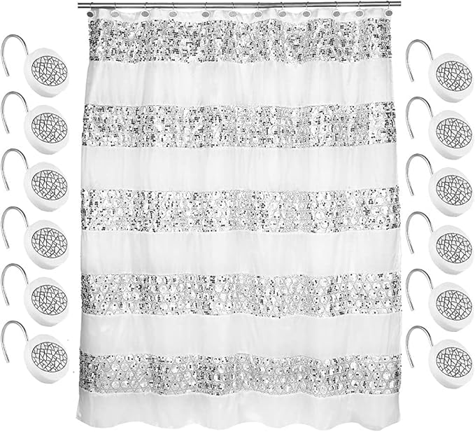 Zahari Home Sinatra Bathroom Shower Curtain Set - 13pc Classic White Shower Curtain & Hooks - Unique Design