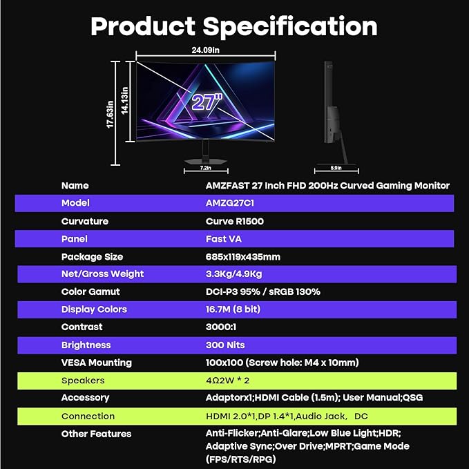 Amzfast 27 inch 200Hz Curved Gaming Monitor, FHD 1080P Computer Monitor with Built-in Speakers, MPRT 1ms with Fast VA Panel | 130% sRGB, 3000:1,1500R | 12 Months Warranty Exchange