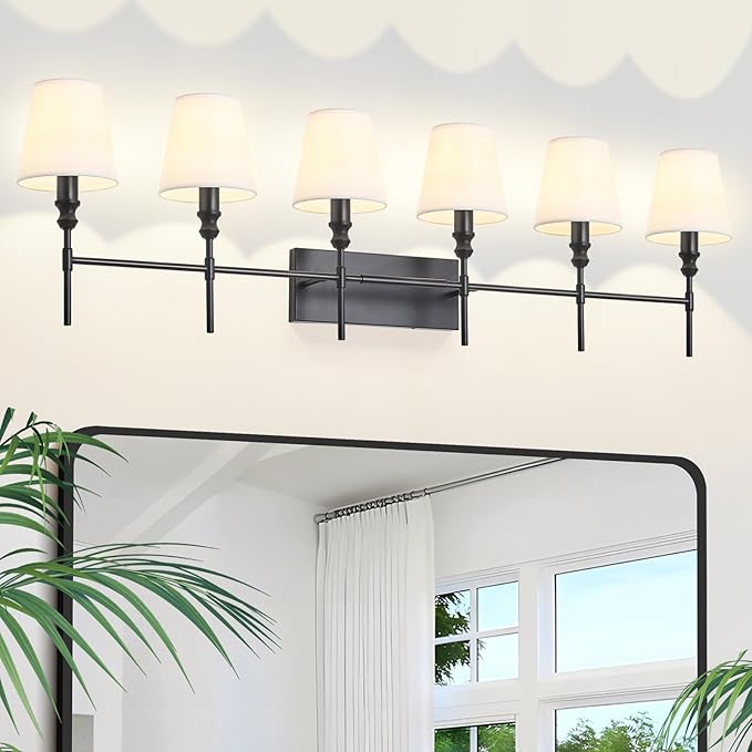 6-Light Black Bathroom Lighting Fixtures Over Mirror,50 in Vintage Bathroom Vanity Lights with Flared White Fabric Lampshade for Bedroom,Living Room,Foyer,2 Styles Modern Wall Sconce E12 Base