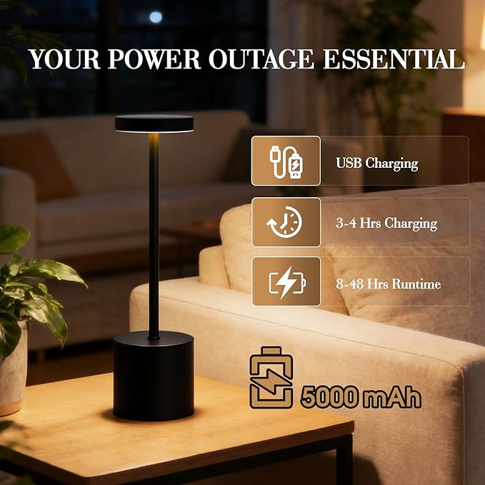AUDLES Cordless Table Lamp, 5000mAh Rechargeable Lamp with Touch Control & Stepless Dimming, 3 Light Modes, IP54 Waterproof Portable Light for Dining Table, Patio, Bathroom, Power Outage (Black)