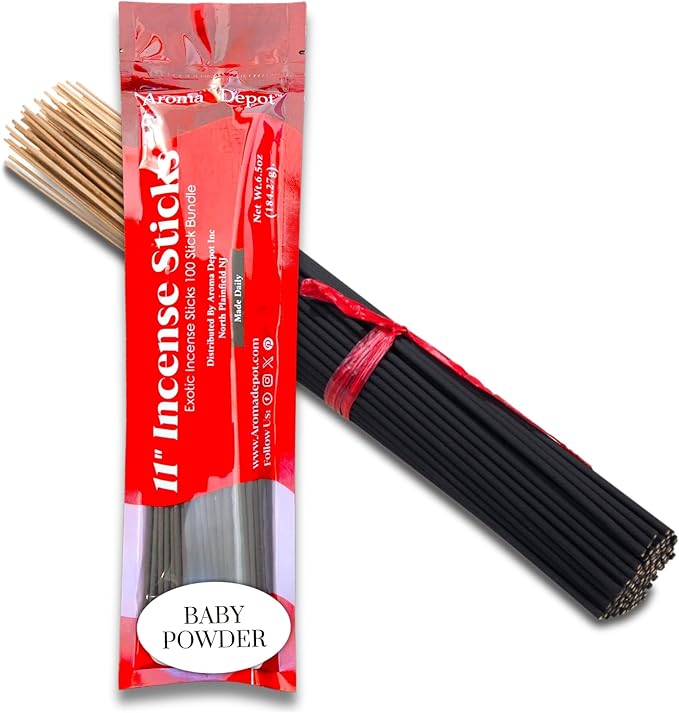 Baby Powder Most Exotic 11'' Incense Sticks. Approx. 85 to 100 Sticks Per Bundle, Each Natural Stick Burns for 45 mins to 1 Hour Each. Long Lasting. Guarantee 100% Pure