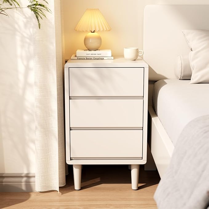 Tall Nightstand White Night Stand with 3 Drawers Mid Century Modern Nightstand with Storage,Solid Wood Night Stand,Small Bedside Table for Bedroom,Living Room,Office,White Bedside Table