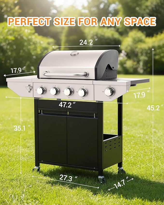 4-Burner Propane Gas BBQ Grill with Side Burner, 46,500 BTU Output Stainless Steel Barbecue Grill with Enameled Cast Iron Grates and Side Tables for Outdoor Cooking Kitchen and Patio Backyard