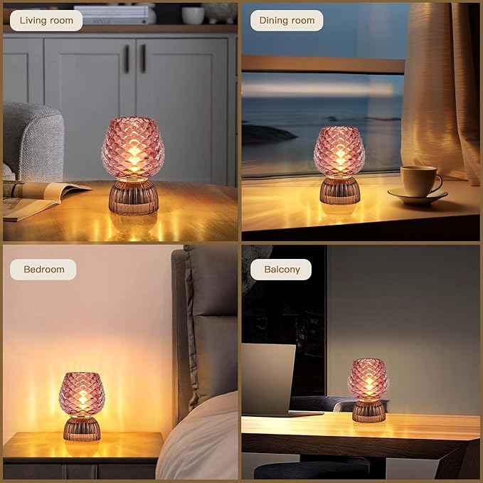 Battery Operated Lamp with Timer, Cute Small Cordless Glass Table Lamp for Home Decor, Kitchen, Bathroom, Birthday Gift for Women, Pinecone, Pink, 2 Pack