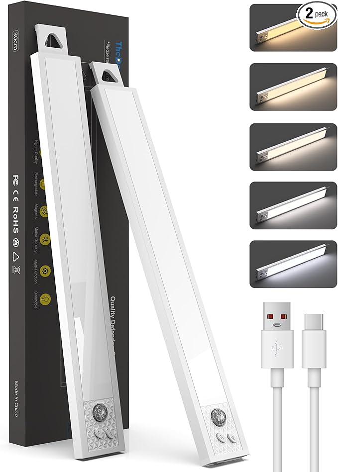 Under Cabinet Motion Sensor Lighting - 16 Inch Wireless Under Cabinet Lighting, Rechargeable with Magnetic Mount, 5CCT Adjustable for Kitchen/Hallway (White, 2-Pack)
