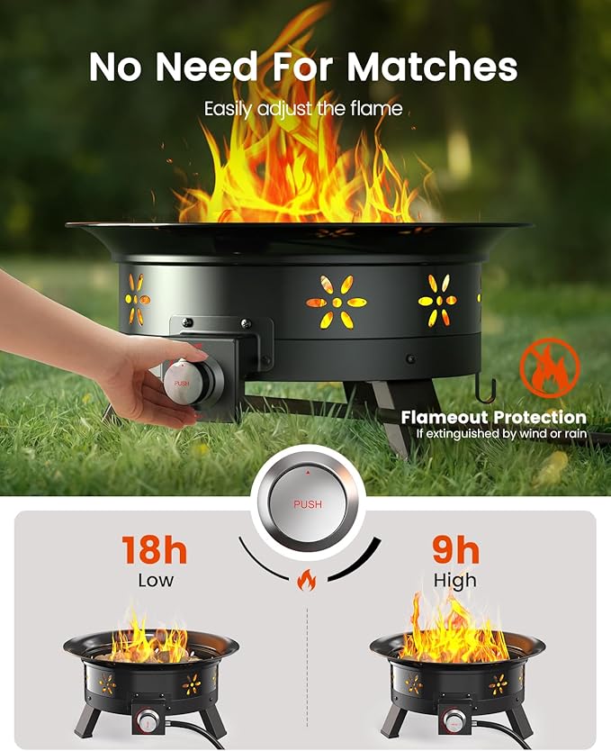 AMADA HOMEFURNISHING 19″ Propane Fire Pit with Grill Grate, 58,000 BTU, Folding Legs, Propane Tank Holder, Cover, and Carry Strap, No Ignition Needed, Easy Flame Adjustment, Portable