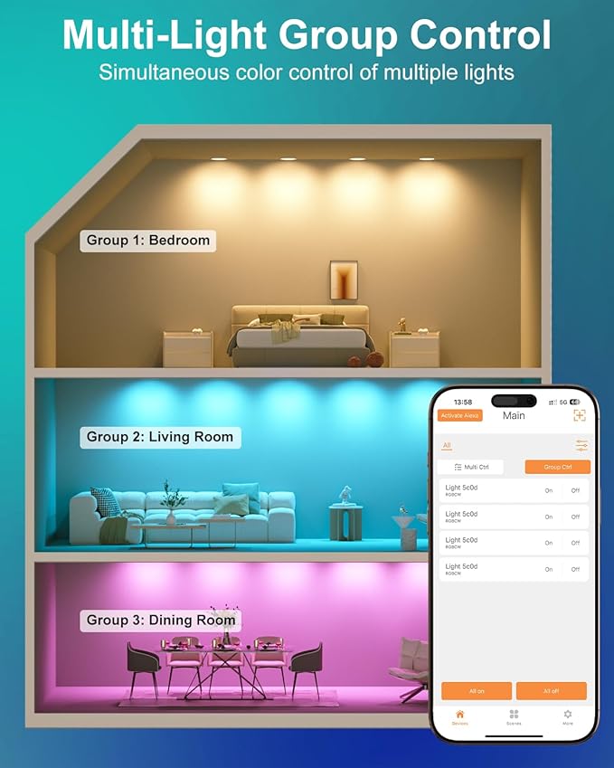 LED Recessed Lighting 6 inch/5 inch, Smart RGB Bluetooth Can Lights, 13W 1050LM, Color Changing, Retrofit Led Recessed Light Compatible with Alexa for Bedroom Living Room Kitchen, 6Pack