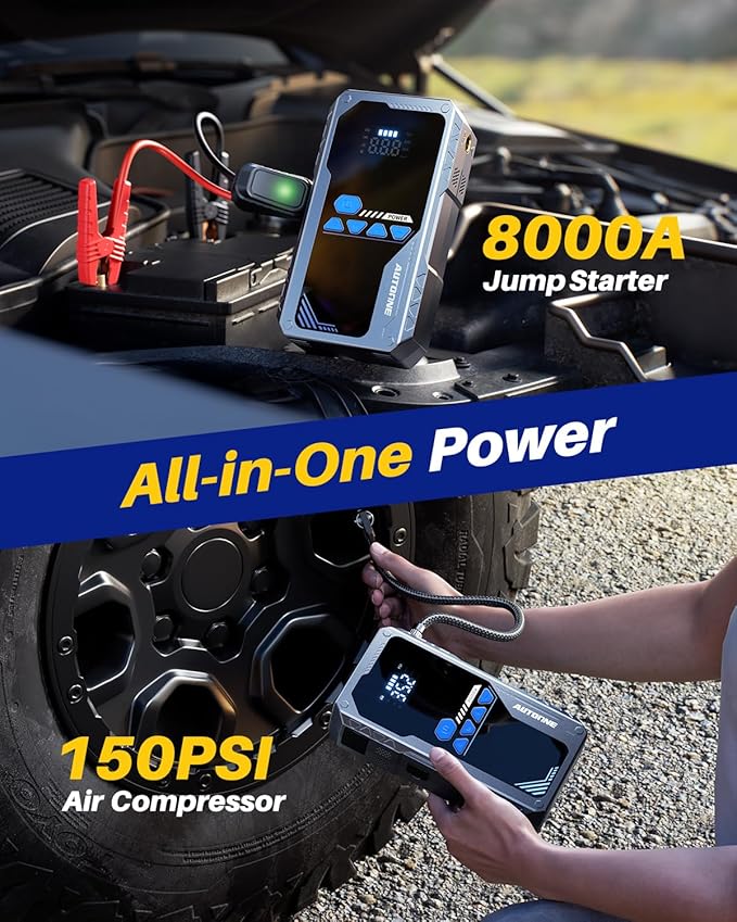 AUTOONE 8000A Jump Starter with Air Compressor (All Gas/12L Diesel), 150PSI Car Jumper Starter Portable, Jump Box Tire Inflator with LED Flashlight, LCD Display, Storage Case