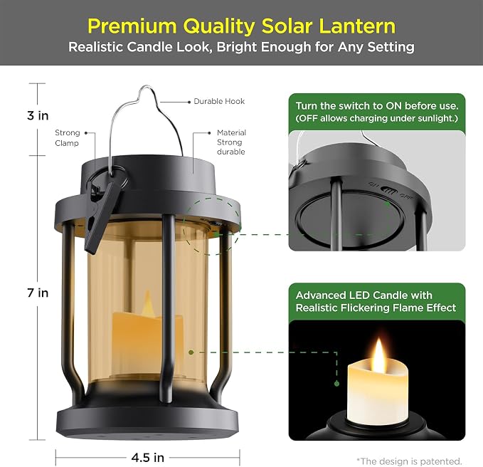 Solar Lantern Outdoor & Indoor Use – Hanging Solar Lights with Realistic Flickering Flameless Candle, Weatherproof for Gardens, Patios, Trees, and Lawns (Black + Amber, 2 Pack)