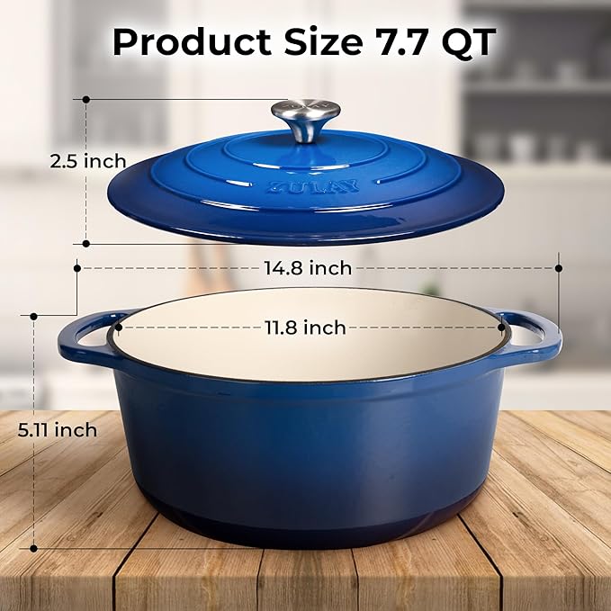 Zulay Kitchen 7.7 Quart Enameled Cast Iron Dutch Oven Pot with Lid – Premium Durability & Oven Safe up to 500°F – Heavy Duty Cookware Perfect for Bread Baking, Stews, Braising & Roasting – Blue
