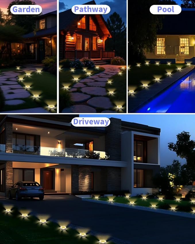 Solar Ground Lights Outdoor 2 Pack Waterproof, Upgraded Solar Garden Lights with 4 Side Light, Stainless Steel Solar Powered Disc Landscape Light for Walkway Pathway Lawn Yard Patio Deck-Warm White