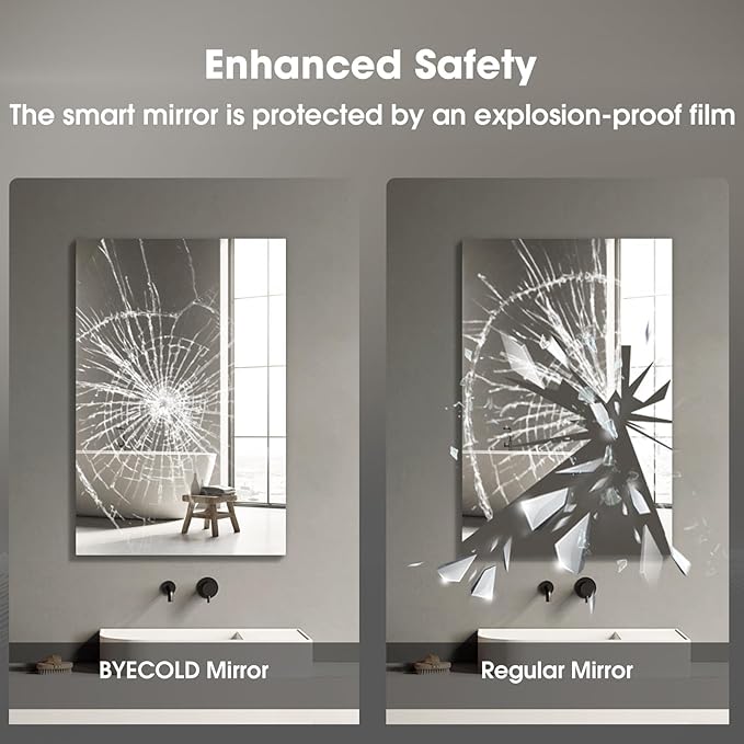 BYECOLD Smart Bathroom Mirror with Bluetooth Wi-Fi Enabled Weather Display, 32”X 40” Fog Free, LED Light Vanity Mirror Backlit Frameless Lighted Touch Sensor Makeup for Wall - Vertically Only