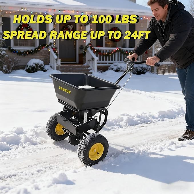Walk-Behind Push Broadcast Spreader - Commercial All Season, 100lb Capacity, 13in All-Terrain Pneumatic Tires, Grate/Cover/Enclosed Gearbox Included, for Seed/Fertilizer/Salt/Snow Melt