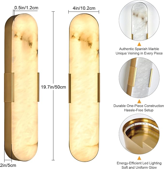 20 in Gold Alabaster Wall Sconces 2 Pack Spanish Natural Marble Wall Lights Indoor Brass Marble Wall Lighting Bathroom Vanity Light LED Alabaster Wall Lamps for Bedroom Hallway Dining Room