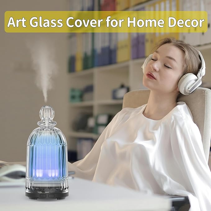 120ml Glass Diffuser, Ultrasonic Aroma Diffusers Cool Mist Humidifier with Glass Cover & Plastic Reservoir with 7 Color LED Lights, Auto Shut-Off for Office, Home, Yoga, Spa(Black Bottom)