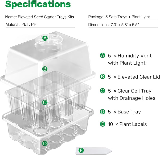 Bonviee 10 Packs Seed Starter Tray with Elevated Lid, 120 Cells Thicken Seed Starting Trays Kit with Adjustable Humidity Vent, Clear Cell Tray and Heightened Lids for Greenhouse & Gardens, Clear