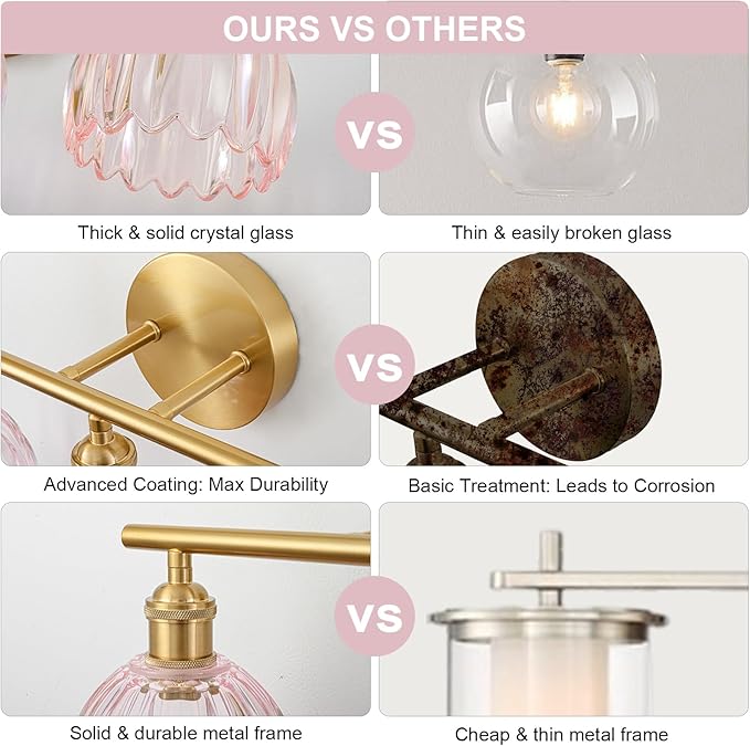 Gold Bathroom Light Fixtures Over Mirror, 3 Light Bathroom Vanity Light Fixture with Tulip Pink Glass Lampshade, Vintage Vanity Lights for Bathroom, Bathroom Vanity Lights Over Mirror