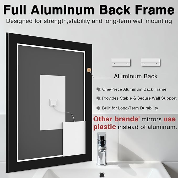 60x40 LED Mirror for Bathroom - Matte Black Framed (Front and Backlit), Anti-Fog Stepless 3 Colors Dimmable Lit Smart Vanity Mirror with Lights(Horizontal/Vertical)