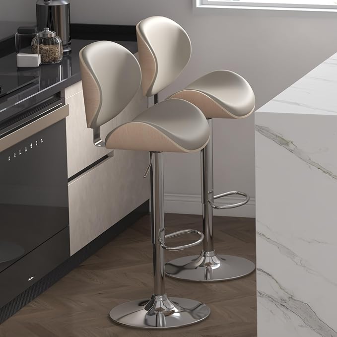 Adjustable Swivel Bar Stools Set of 2, Modern Bentwood Barstool with Large Metal Base and Footrest, PU Leather Upholstered Bar Chair with Curved Back for Kitchen Island Dining Room, Gray