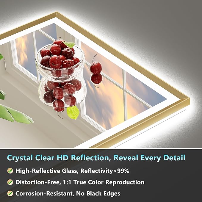 32x36 Gold Beveled LED Bathroom Mirror with Lights, Brushed Gold Framed Backlit and Front Lit Anti-Fog Lighted Vanity Mirrors for Bathroom Wall, Dimmable, 3 Colors, Memory, HD Tempered Glass