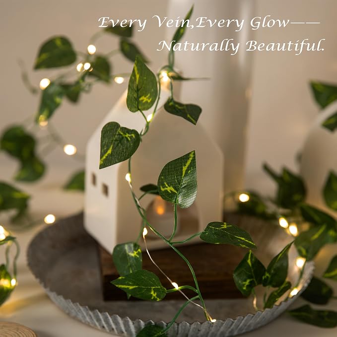Vine with Fairy Lights, 2 Pack 40 LEDs Vine Lights Pothos Battery Operated Indoor String Lights, Artifical Garland Leaf Fairy Light Wall Wedding Garden Dorm Bedroom Decor