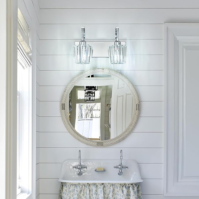 Modern Bathroom Vanity Light, 2-Light Chrome Wall Sconce with Crystal Accents, Over Mirror Bathroom Lighting Fixture, 13.77" Long Dimmable Vanity Lamp for Makeup, Easy Installation