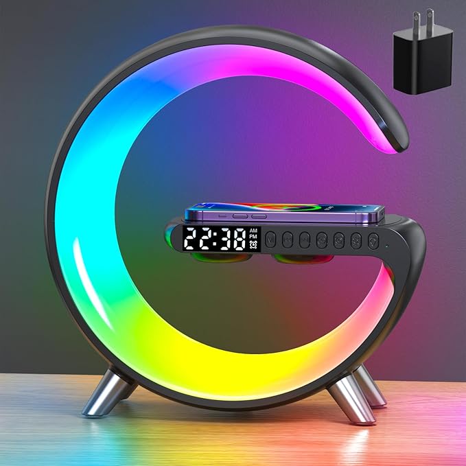 Smart LED Night Light, Wireless Charger, Phone Wireless Charging Dock, Table Bedside Lamp, Sunrise Alarm Clock, Bluetooth Speaker & App Control, Ideal for Bedroom, Home Decor, Birthday, Christmas Gift