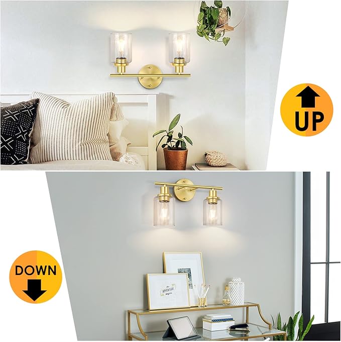 FOLKSMATE Bathroom Light Fixtures, 2-Light Brushed Brass Vanity Light, Gold Wall Sconces Lighting, Modern Bath Wall Mounted Lighting with Glass Shade, Porch Lamp for Mirror, Bedroom, Hallway