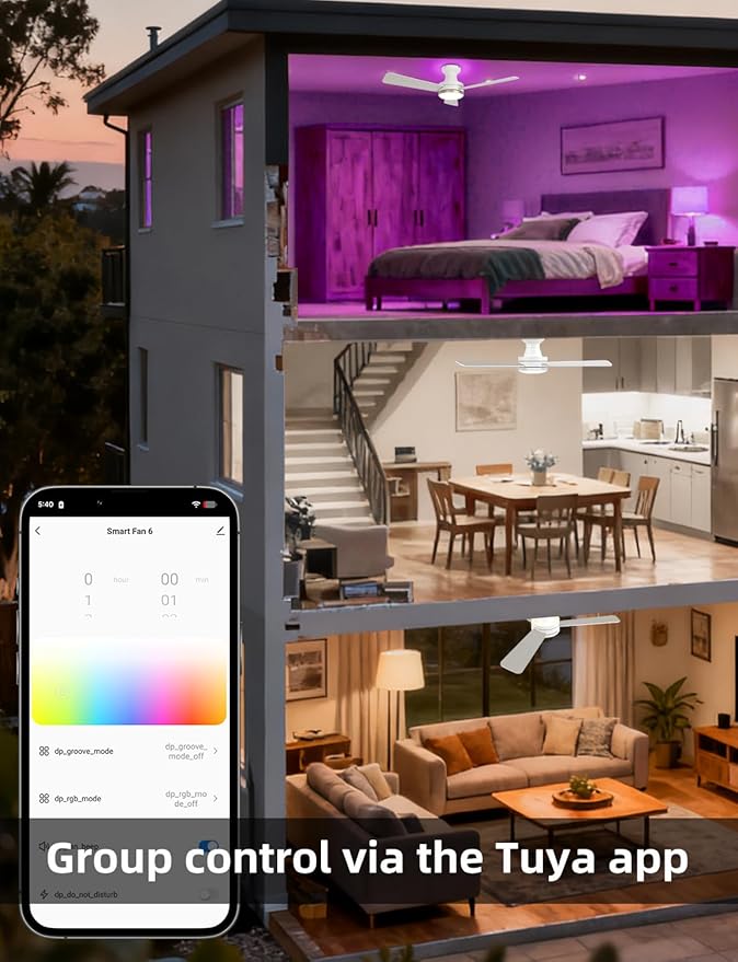42" RGB Ceiling Fan with Light, Music Sync Smart Fan with Alexa/Google/App Control, Low Profile Flush Mount, 6-Speed Quiet DC Motor, 4 CCT Dimmable Lighting for Bedroom, Champagne Gold