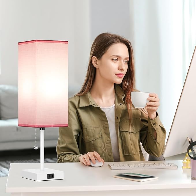 18'' Table Lamp for Bedroom set of 2,3-Color Bedside Lamps with Pull Chain Table Lamps for Night stands ,Small Night Light Lamps with 2 Bulbs Lamps for Living Room Kids Room Office Decor（Pink+White）