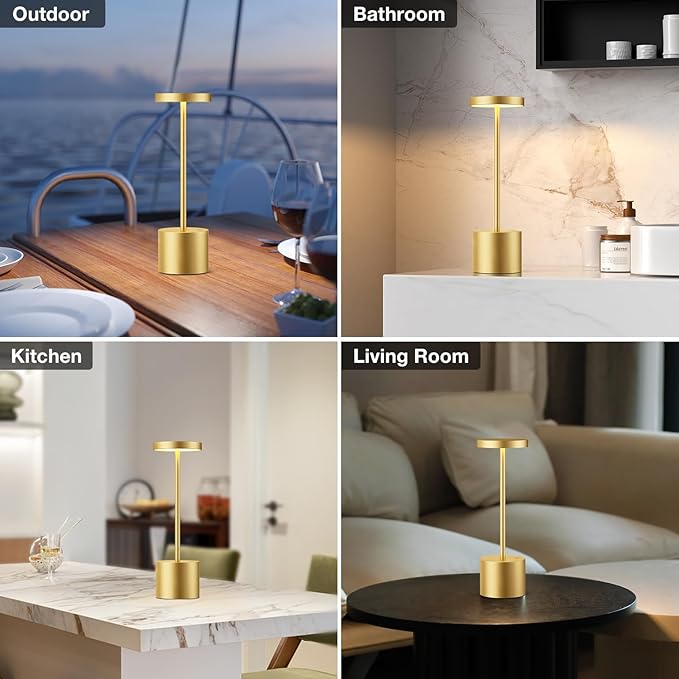 Kakanuo Gold Cordless Lamp Set, Rechargeable Lamps, 3 Color Temperature, LED Outdoor Wireless Lamp, Battery Operated Lamps, Stepless Dimmable, Touch Control