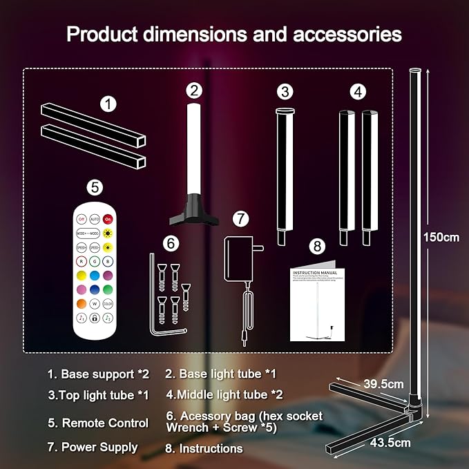 LED Corner Floor Lamp, Corner Lamp - 16 Million DIY Colors, 68+ Scenes, App & Remote Control, Smart RGBICW Corner Light with Music Sync & Timer Setting, LED Lamp for Bedroom, Living Room, Gaming Room