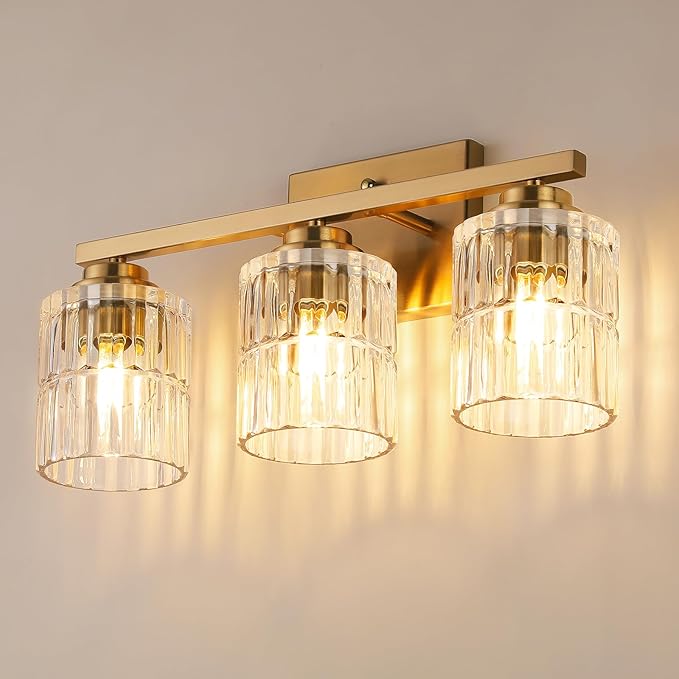 TALOYA 19 Inch Bathroom Light Fixtures,Modern 3-Light Brushed Gold Vanity Lights with Wide Vertical Ribbed Thickened Glass Shade Wall Sconces for Mirror Makeup Room Hallway（Bulbs Not Included）