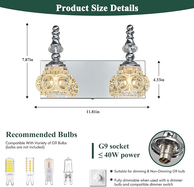 Modern Glass Crystal Vanity Light - Vintage Bathroom Lighting Fixtures Over Mirror, 2 Light Vanity Lights G9 Bulb (11.81 Inch, Chrome)