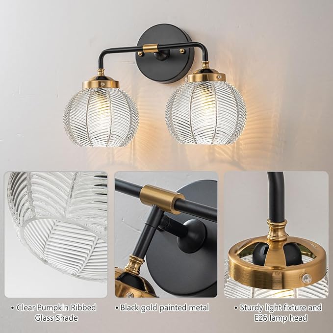 2 Light Bathroom Vanity Light Clear Glass Globe Wall Sconce Lights Black Wall Mount Light with Ribbed Glass Shade, Mid Century Modern Wall Sconce for Over Mirror Bedroom Hallway