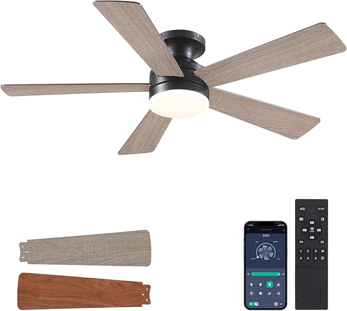 Flush Mount Ceiling Fan with Lights - 46IN Modern Indoor/Outdoor Ceiling Fan Light with Remote/APP, Low Profile Fan Light with 6 Speeds, Dimming, for Bedroom, Living Room, Brown