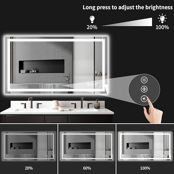 LED Bathroom Mirrors 28"x48" Bathroom Mirror with Lights for Wall, Backlit + Front Lit, 3 Colors, Anti-Fog, Dimmable Brightness for Vanity,Bathroom, Entryway, Living Room