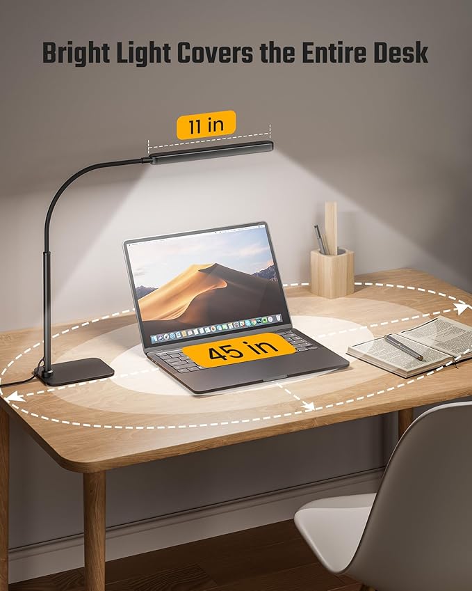 SUPERDANNY Eye-Caring LED Desk Lamp with Base 360° Flexible Gooseneck Work Lamp Touch Control 3 Light Colors Smooth Dimming Task Lighting Reading Light for Home Office College Dorm, Black