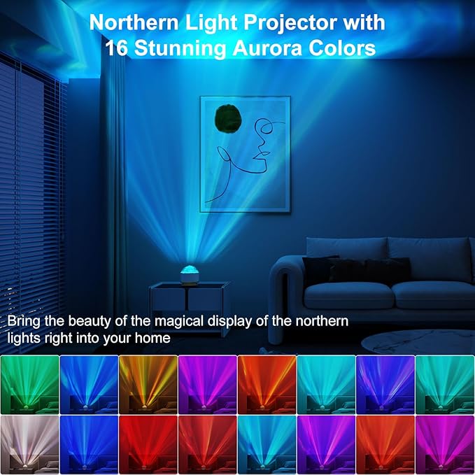 HUMIIEYE Northern Lights Projector, 16 Light Color Aurora Night Light Projector for Bedroom, Remote Galaxy Light Projector, Dimmable Mood Lighting with Memory Function for Playroom Kids Teen Girl Gift