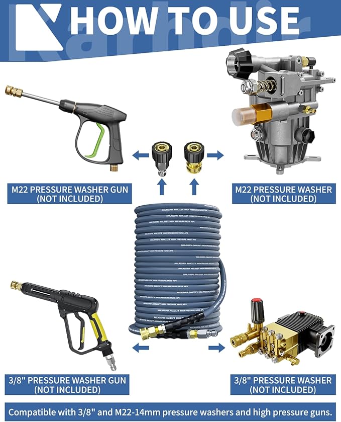 Pressure Washer Hose 150FT 3/8" for Cold and Hot Water 212°F, with Swivel Quick Connect, 4500PSI Kink Resistant Grade Steel Wire Braided, Power Washer Hose With 2pcs M22-14mm Adapter