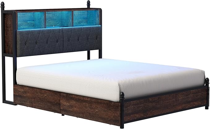AMERLIFE Queen Size Bed Frame with Bookcase Headboard, 4 Storage Drawers, Wooden Platform Bed with Charging Station & LED Light, No Box Spring Needed, Noise-Free, Rustic Brown