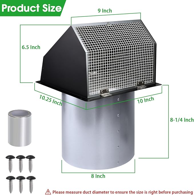 8 Inch Wall Vent Hood Wall Exhaust Vent Cover Outdoor Hooded Wall Vent with Screen and Damper,Wall Vent Cover Cap Exterior Air Exhaust for Kitchen Range Hood HVAC Duct Dryer Vent,Galvanized Steel